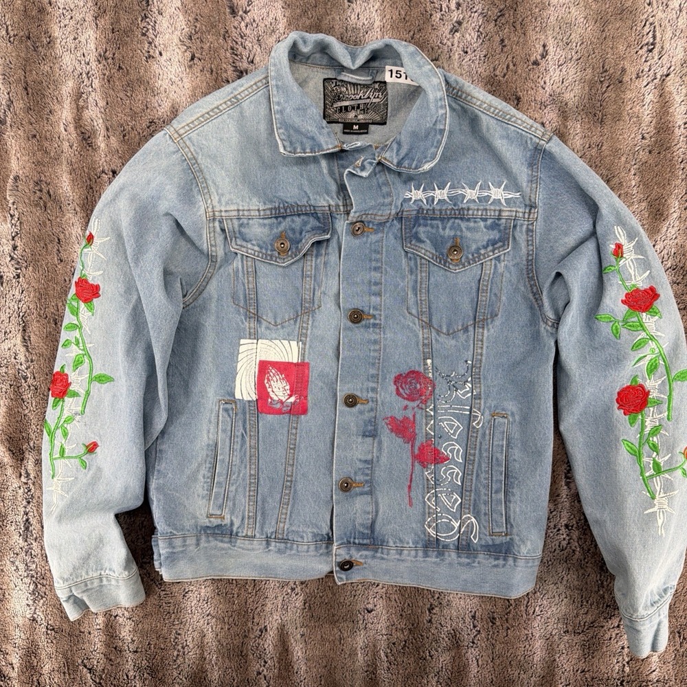 Brooklyn Clothing Company Blessed Embroidered Floral Denim Jacket Size Medium